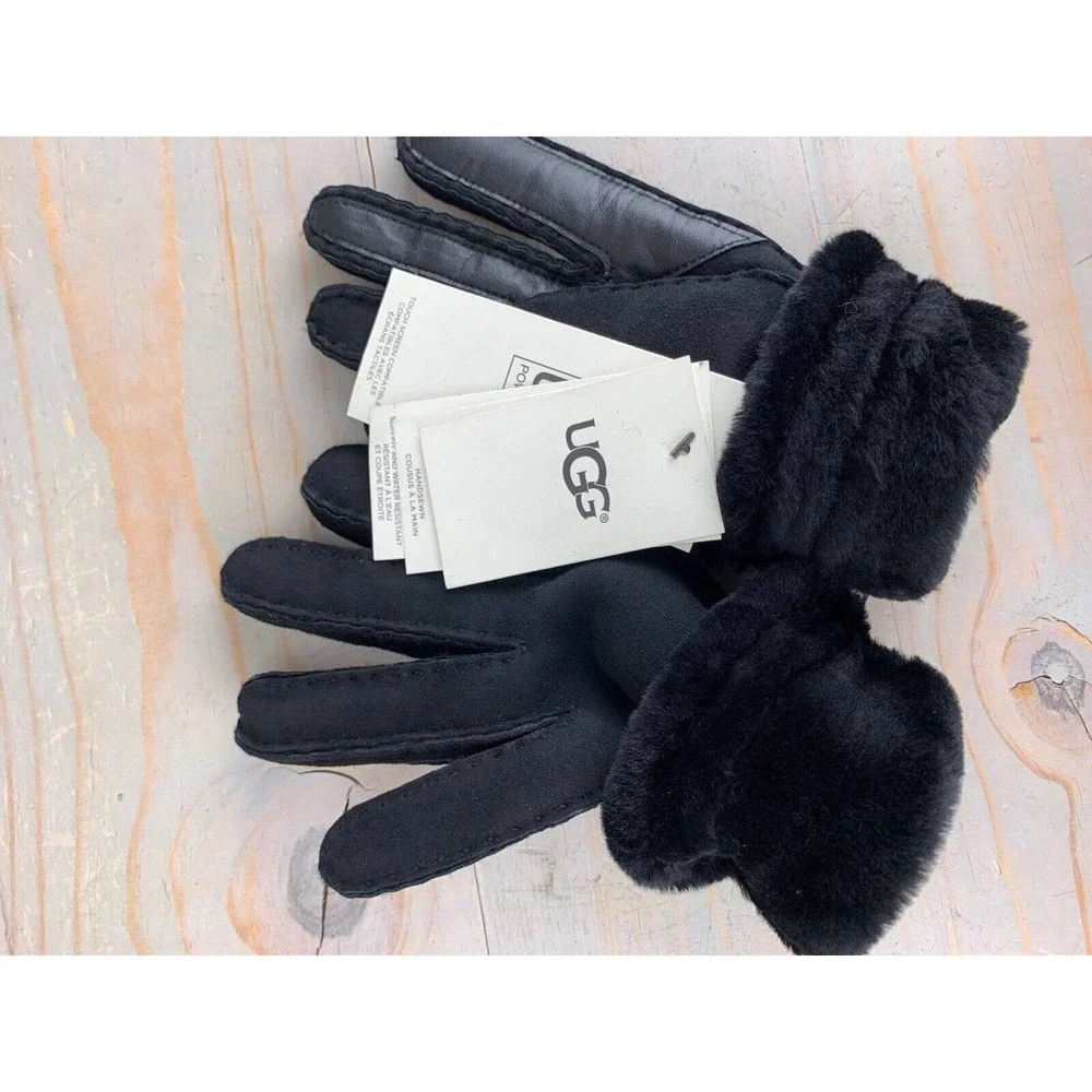 UGG black SHEEPSKIN EXPOSED SLIM TECH GLOVES WOMENS LARGE NWT - Picture 10 of 12
